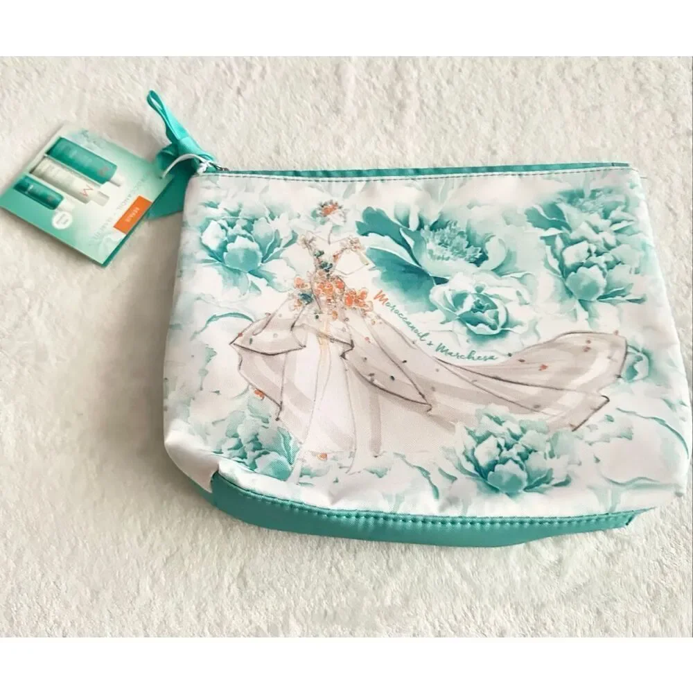 Moroccan oil bride illustration cosmetics bag with turquoise, white, and orange